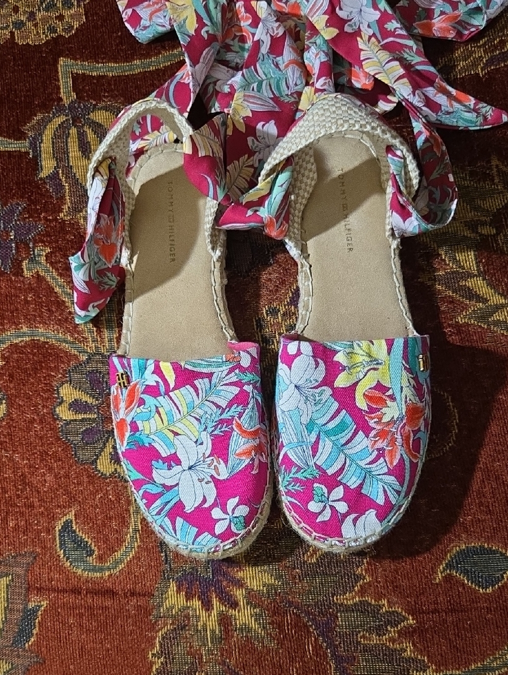 Tommy Hilfiger Pink Floral Espadrille Flats with Ankle Wrap  NWOT